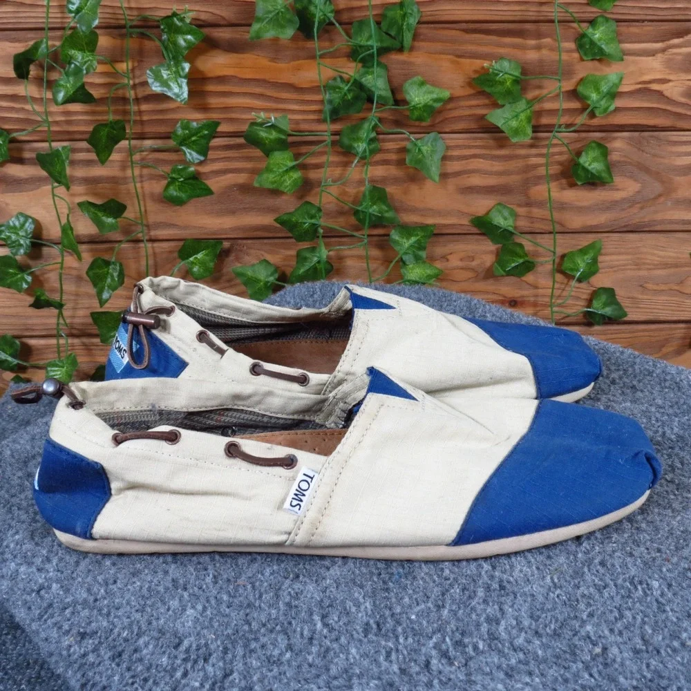 TOMS Alton Mens Boat Shoe Alpargata Size 10.5 Casual Slip On Cream Blue Canvas